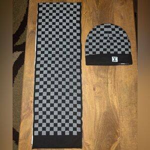 Black and Gray Checkered Beanie and Scarf Set, No Brand